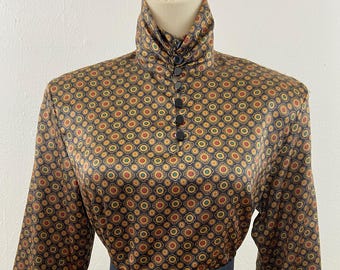 Vintage 80s medallion Polka Dots Black & Gold Long Sleeves Elegant Blouse By JH Collection.