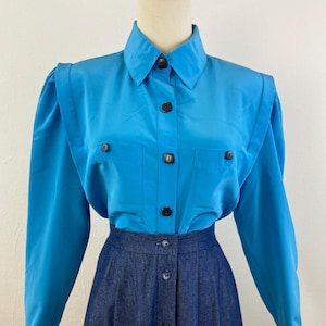 Vintage 80s Ocean Blue With Black Buttons And Cuffs Puffy Long Sleeves Elegant Silky Blouse By CHAUS, Size-12.