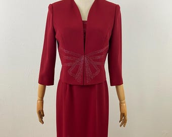 90s Sequin Burgundy Evening Gown & Cape Jacket Set - Adrianna Papell