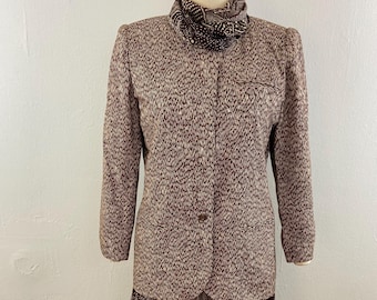 Vintage Juliet Frances Silk Skirt Suit Set: Abstract Brown Print, Size 14
