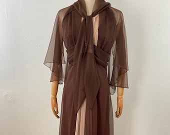May include: A vintage brown formal gown with a sheer overlay and a matching scarf. The dress features a fitted bodice, a flowing skirt, and a contrasting panel of light pink fabric. The sleeves are flared, and the dress is displayed on a mannequin.