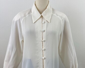 Vintage 90s Crepe Georgette Blouse: Elegant Formal Cream Beige Long Sleeve
