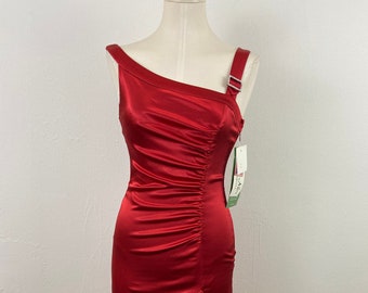 Vintage 90s Ruby Red Halter Dress: Rhinestone Brooch, Asymmetrical Hem