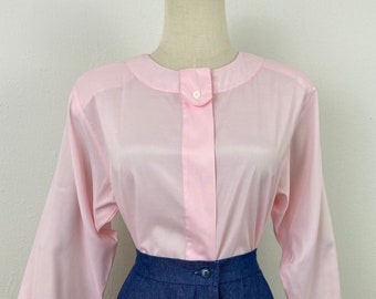 Vintage 80s Pink Cotton Blouse: Puffy Cuff Shirttail Top, Size 10