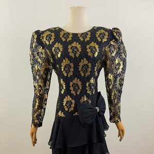 Vintage 80s Metallic Gold And Black With Ruffle Peplum Skirt Party Cocktail Evening Dress By Late Edition, Size-11/12. Dynasty Style Dress.