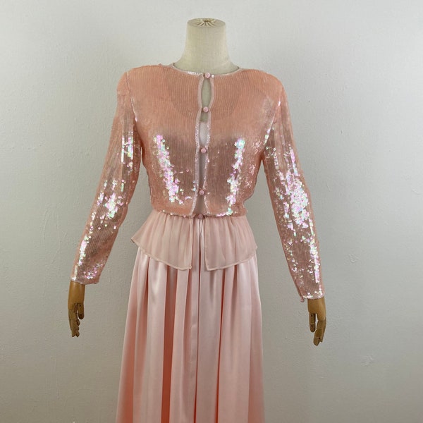 Vintage 80s Haute Couture Design Apricot Peach Evening Gown Long Dress In 3 Pc Set, Gala Elegant Sequin Jacket With Maxi Skirt Ant Tang.