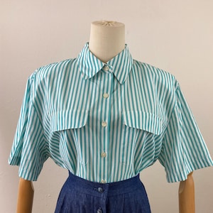 Vintage 90s Cotton White And Turquoise Striped Short Sleeves With Front Pockets  Summers Shirt-Top By Joanna, Dead Sock Blouse, Size-L.