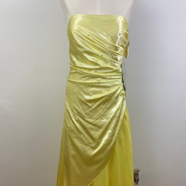 Vintage 90s Canary Yellow Mermaid Cut Halter Evening Prom Dress With Rhinestone And Sequen By Jump Apparel, Dead Stock Y2K Yellow Maxi Dress