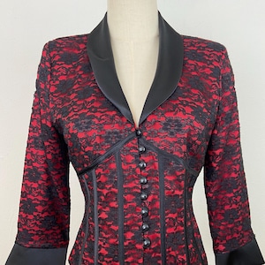 Vintage 80s Black And Red Lace 3/4 Sleeves With Luzon Sateen Collar And Cuff Formal Evening Jacket By J.R. Nites, size-6p. Crop Top Jacket.