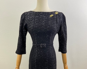 Vintage 40s Black Wool Blend Cocktail Dress - Metallic Thread Party Dress, Size S