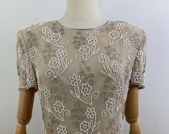 Vintage 80s Beaded Silk Blouse - Adriana Papell - Size 8
