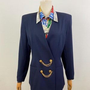 Vintage 90s Navy blue With Gold Chains Chunky Elegant Buttons Woman Pencil Skirt With Blazer Suit Set By KASPER, Size-4, Elegant Blazer Suit