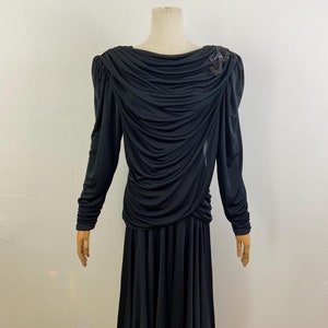 Vintage 80s Black Drapery Rushed With Long Sleeves And Rushed Cuff Handkerchief Hem Dynasty Style Sexy Cocktail Party Dress By Filigree.