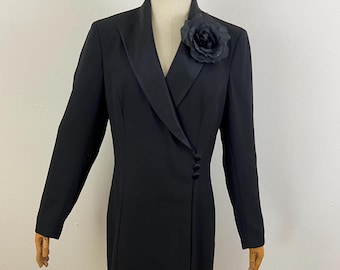 Vintage 90s Black Crepe Evening Coat Dress - Size 8