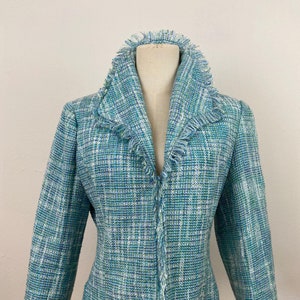 Vintage Y2K Green And Turquoise Palette Colors Winter-Spring Elegant Tweed Long Sleeves Pointed-Breasted Jacket By Michele, Size-10.