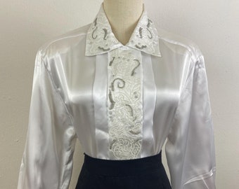 Vintage 80s Sateen Blouse: Oyster White Crepe with Sequins, Size 12