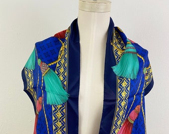 Vintage 90s Multi Color Long And Narrow Tassel Charms Prints Scarf Maid In Italy.