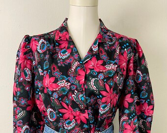 Vintage 70s Floral Blouse: Bohemian Puffy Sleeve Rayon Top