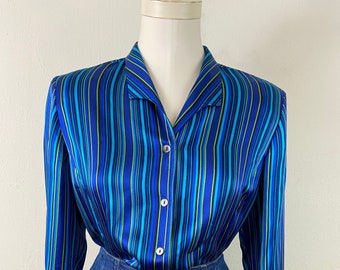Vintage Late 80s Stripe Green And Blues tone print 100% Silk Blouse-Top By Liz Claiborne, Size-10