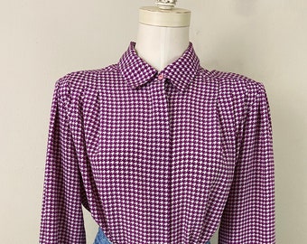 Vintage 80s Magenta Houndstooth Print Balloon Sleeves and Cuff Tops-Blouse By PON-HER, Size-13/14