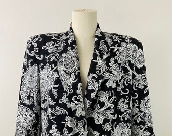 Vintage 80s Pendleton Blazer: Black & White Floral Print, Size 12
