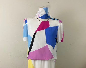 Vintage 80s Sassoon Silk Dress: Abstract Art Print Peplum Midi