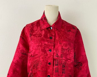 Vintage Y2K CHICO'S Silk Linen Jacket: Hand-Painted Bohemian Art, Size 2