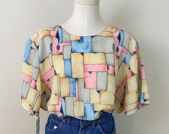 Vintage 80s Geometric Print Blouse: Pastel Art Deco Crepe Georgette, Size-16