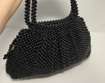Vintage 50s Black Beaded Purse: Double Handle Retro Handbag