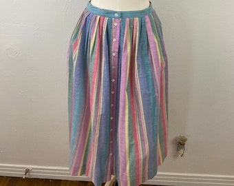 Vintage 80s Cotton Stripe Madras Pastel Vivid Colors Midi Soft Plated Buttons Fronts Sport Casual Skirt By RAPH LAUREN, Size-10.