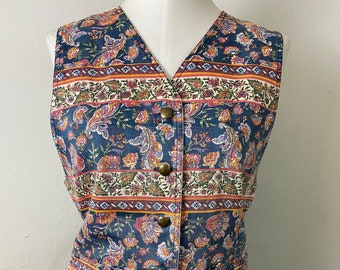 Vintage 90s Liz Claiborne Floral Chambray Vest: Bohemian Cotton Vest, Size M
