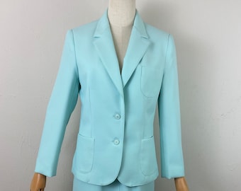 Vintage 70s Aqua Mint Skirt Suit: Poly Gabardine, Size-12