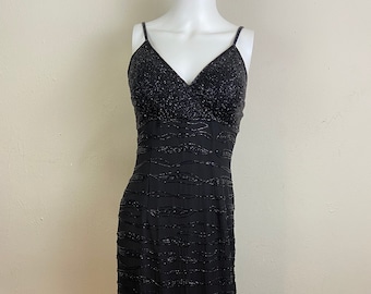 Vintage 80s SEAN Collection Silk Chiffon Beaded Evening Gown: Black Formal Dress (Size-M)