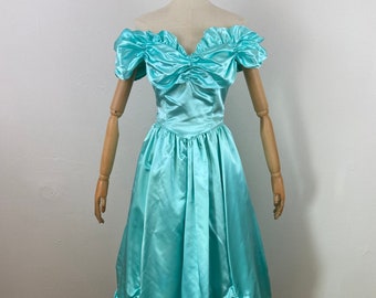 Vintage 80s Blue Turquoise Satin Princes Style Off Shoulder Ball Room Evening Gown Maxi Dress, Victorian Style Prom Dress, Home Couture.