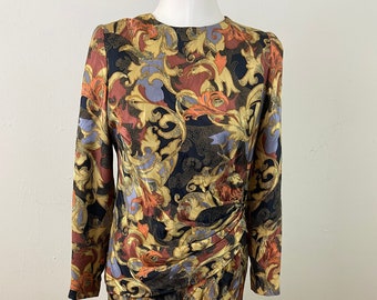 Vintage 80s Silk Floral Dress: Crepe Georgette Metallic Hip Band