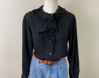 Vintage 90s Black Chiffon Ruffle Blouse - Romantic Balloon Sleeve Top, Size 8