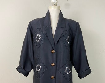 Vintage 90s Silk Skirt Suit Set: Embroidered Blazer, Copper Buttons (Size XL)