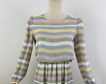 Vintage 1976s 100% Silk Vertical Pastel Colors Stripe With Ribbon Band Sophisticated Casual Midi Dress, Size-6, 70s Disco Party Dress.