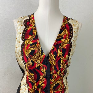 Vintage 90s Black And Red Gold !00% Silk TALBOTs VEST, Formal Event Geometric Print Faux Pocket Lux Vest By Talbots, Size-12