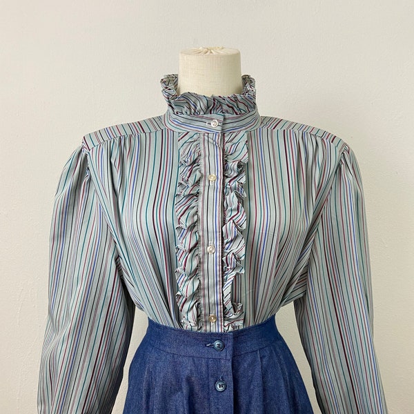 Vintage 70s Grey With Colors Stripe And Ruffle High Collard Blouse, Size-16, Secretary Boho Blouse, Ruffle Buttons Tops-Blouse.