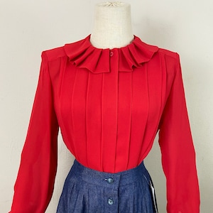 Vintage Early 90s Red  Chiffon Plated Body Chest And Collard Blouse-Tops By Ship’N Shore, Size-6, Elegant sophisticate Red Blouse.