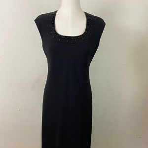 Vintage 90s Black Embellished Collard Front Strait Line Fit 1/3 Sleeves Formal Cocktail Elegant Ankle Dress By Jones New York, Size-6