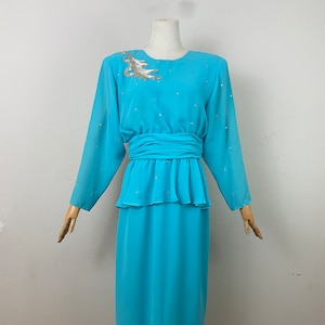 Vintage Early 80s Turquoises Chiffon Whit Rhinestone And Sequin Aplique Drapery Peplum Maxi Formal Party Dress By Elliette, Size-12