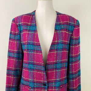 Vintage 80s Tartan Color Full Fucsia Oversize Cashmere Wool Casual Blazer BY KORET, Size-16