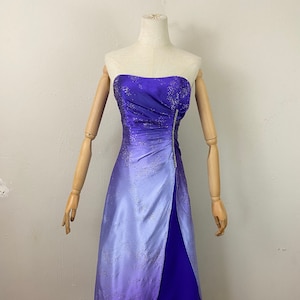 Vintage 90s Purple With Silver Diamond Motive Print Ombré Look Halter Maxi Princes Prom-Bridesmaids Formal Gown Dress By DEB, Dead Stock 3/4
