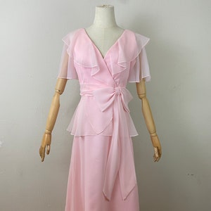 Vintage 60s Pink Chiffon Maxi Romantic Bridesmaids Formal Events Dress In Butterfly Sleeves Imperio Dress, Size-M
