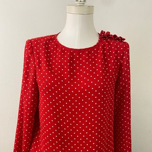 Vintage Late 70s Red And White Polka Dots Chiffon Crepe Summer-Spring Casual 3/4 Puffy Sleeves Blouse, Size-M Boho Chic Red casual Blouse