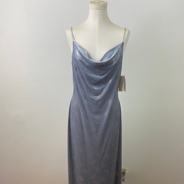 Vintage 90s Light Weight Grey And Silver Metallic Velvetier Halter Ruched Drop Maxi Party Dress By Reggio, Dead Stock Gala Maxi Dress.