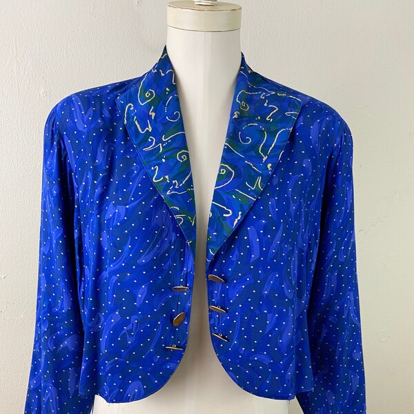 Vintage 80s Silk Rayon Top Crop Short Blazer By Dorothy Schoelen, Multi Color Print Reverse Silk Rayon Bolero Blazer, Size-S