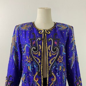 Vintage 80s Purple Silk Shantung Embellished Sequin And Beads Crop Bolero Jacket By Leslie Fay, Size-L